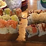 sushi on a wooden tray