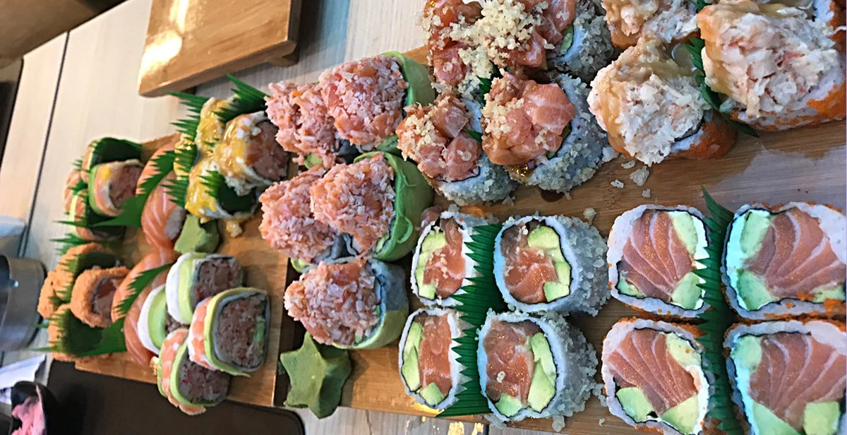 sushi on a wooden tray